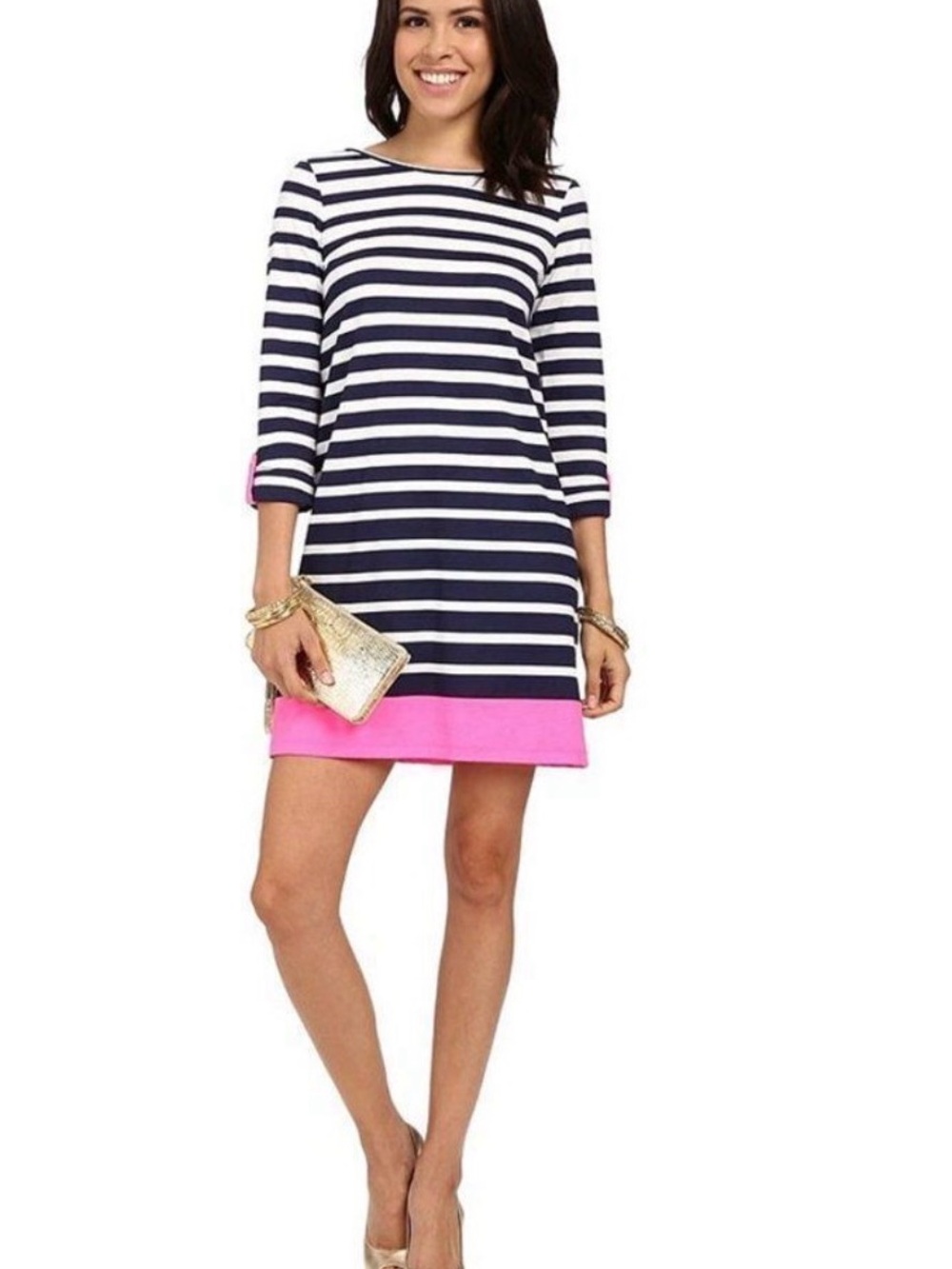 Lilly Pulitzer Linden Navy and White Striped Shift Dress with Pink Hem Size Smal